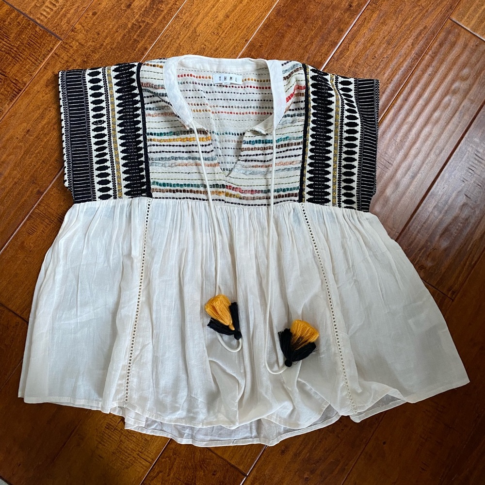 Boho Embroidered yoke babydoll top XS